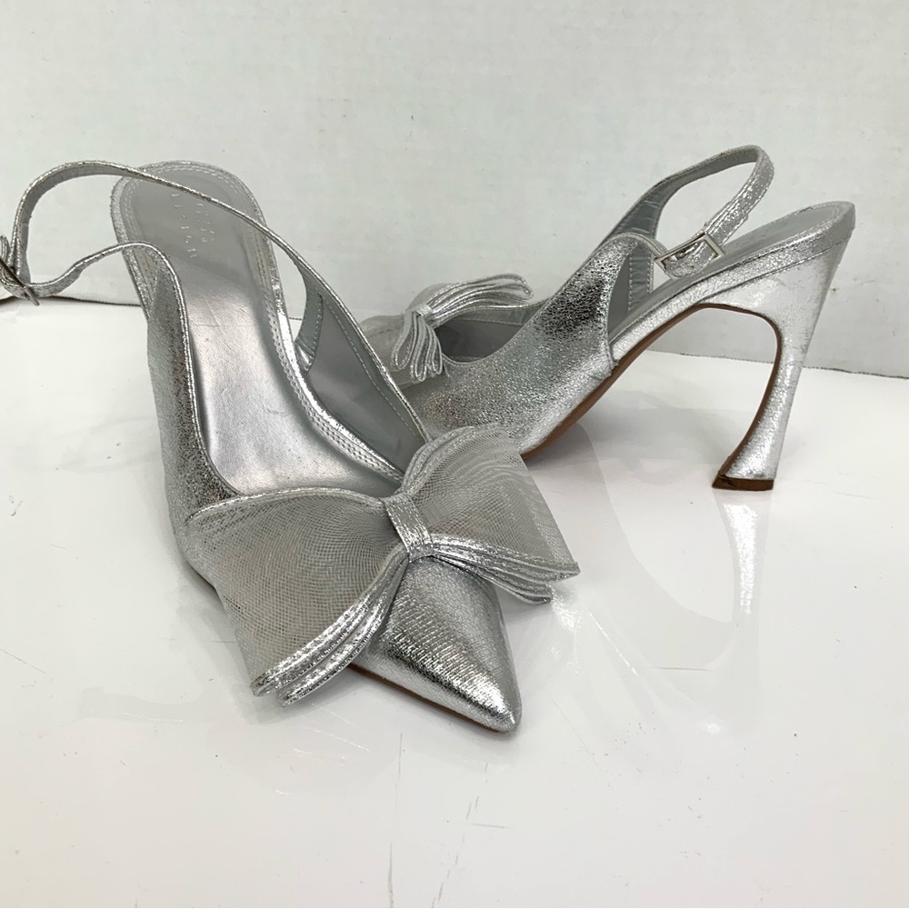ASOS DESIGN Sz 9 Metallic Silver Princess Bow Slingback Heels Shoes‎ Wedding